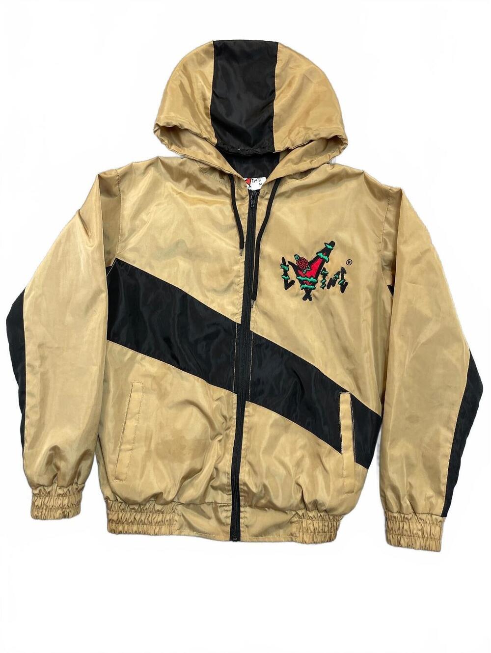 Full Zip Windbreaker Jacket Mens Gold/Tan Black Embroidered Graphic Hooded